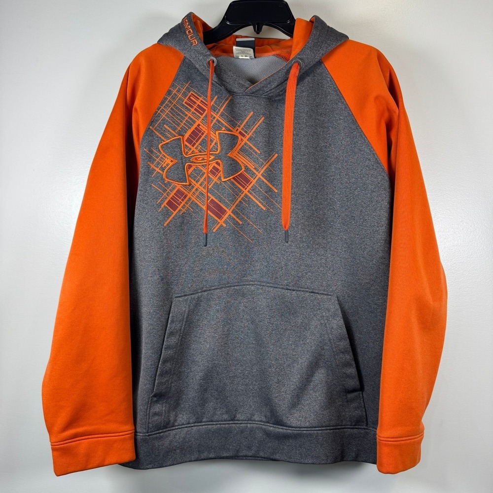 Under Armour Mens Storm Hoodie Gray Orange Graphic Logo Fleece Sweatshirt MD